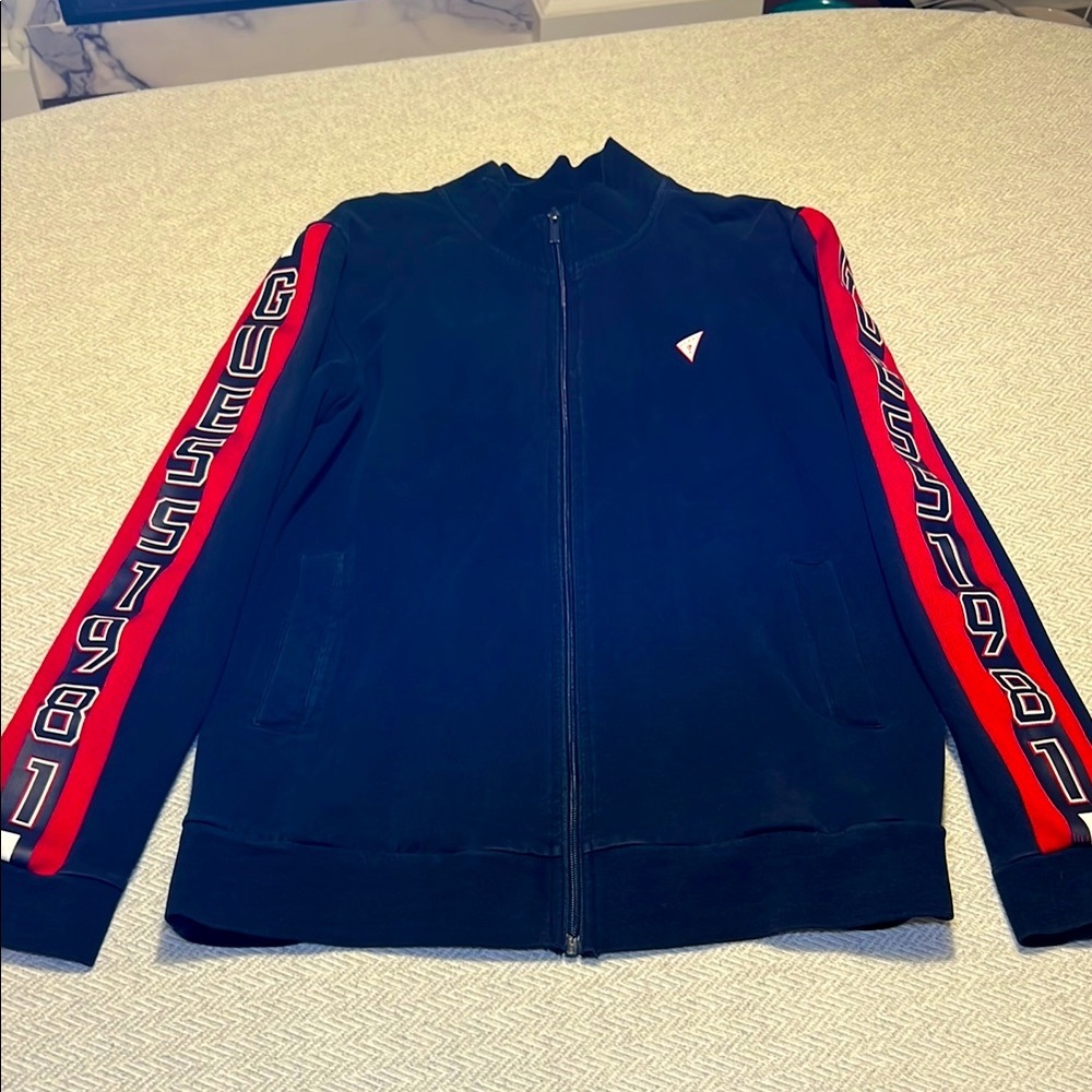 GUESS Men's Navy Zip Jacket with Red and White Accents.  Size Large.